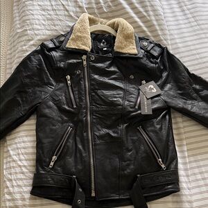 Black Leather Jacket with Shearling Collar